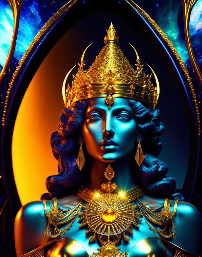 Blue-skinned female figure with golden headdress and cosmic backdrop illustration.