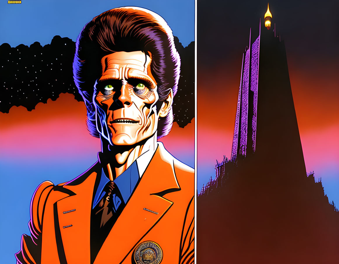 Split Stylized Illustration: Sharp-Dressed Man and Ominous Tower