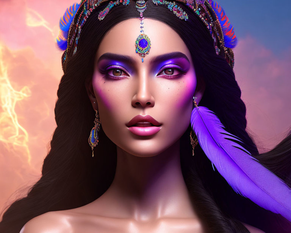 Digital portrait of a woman in purple makeup with jewelry and feather, under a lightning sky