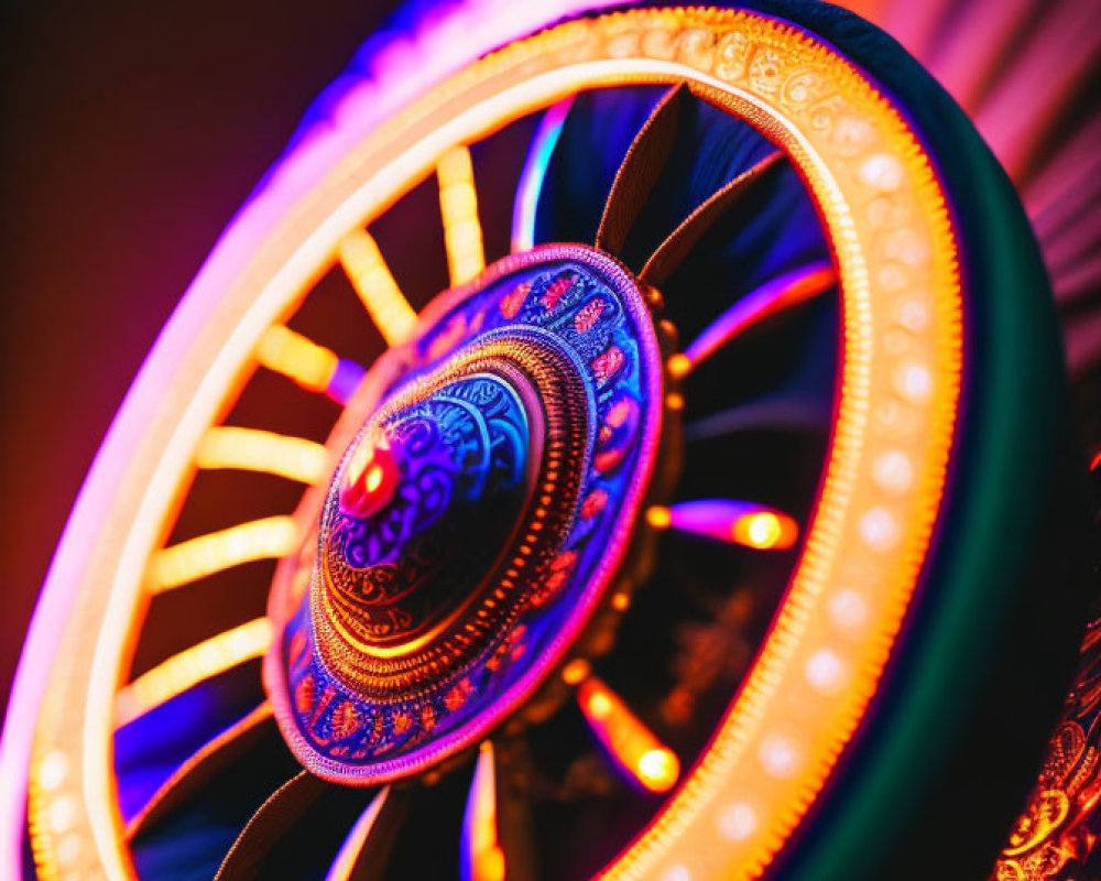 Colorful photograph of intricate blue and gold patterns on decorative item against warm bokeh background