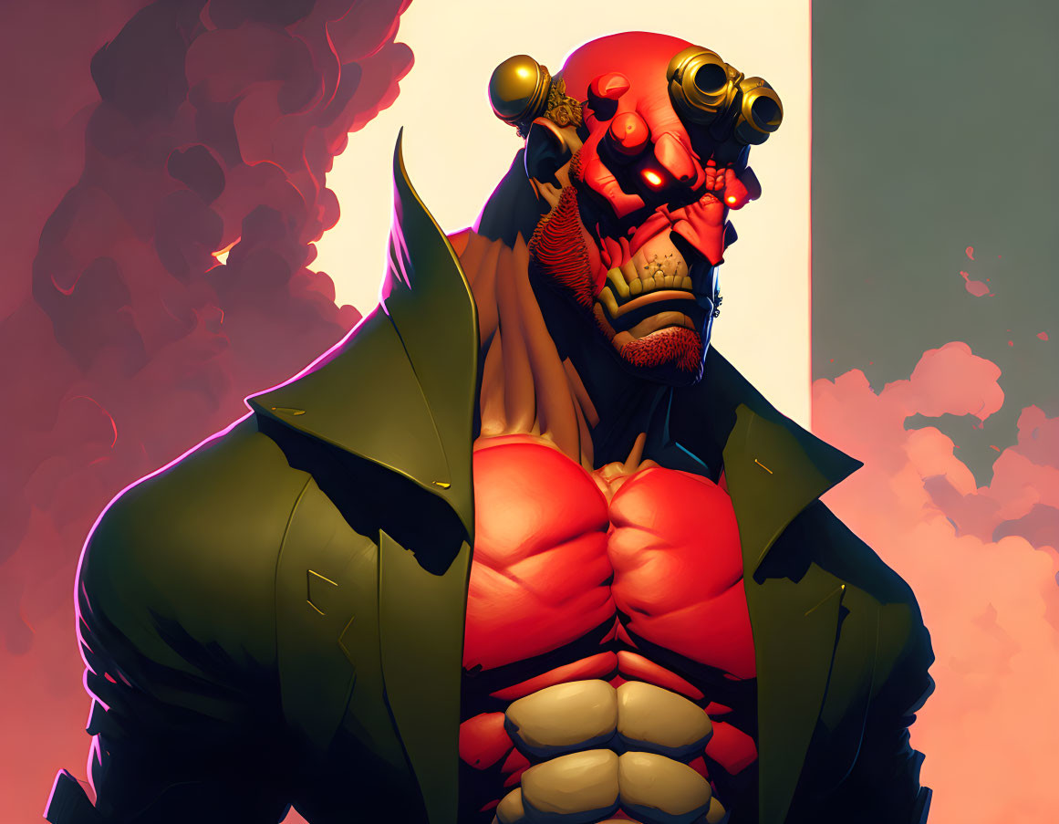 Stylized red skull head on muscular animated character in futuristic green suit