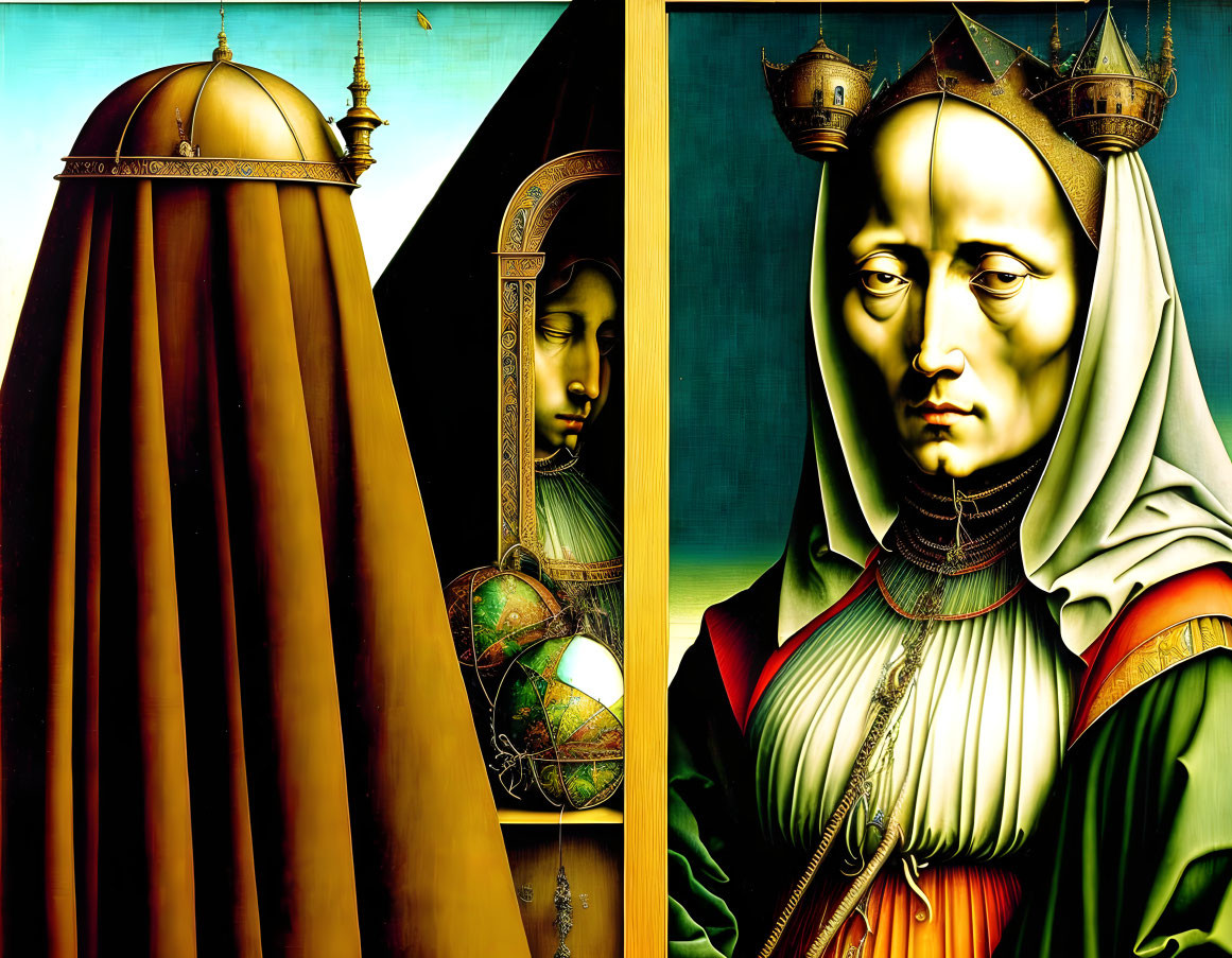 Surrealist painting: nun-like figure with cathedral head, mirror reflection, globe, vibrant background