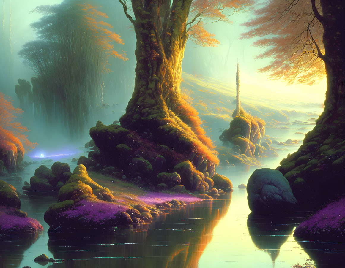 Tranquil fantasy landscape with towering trees and serene river