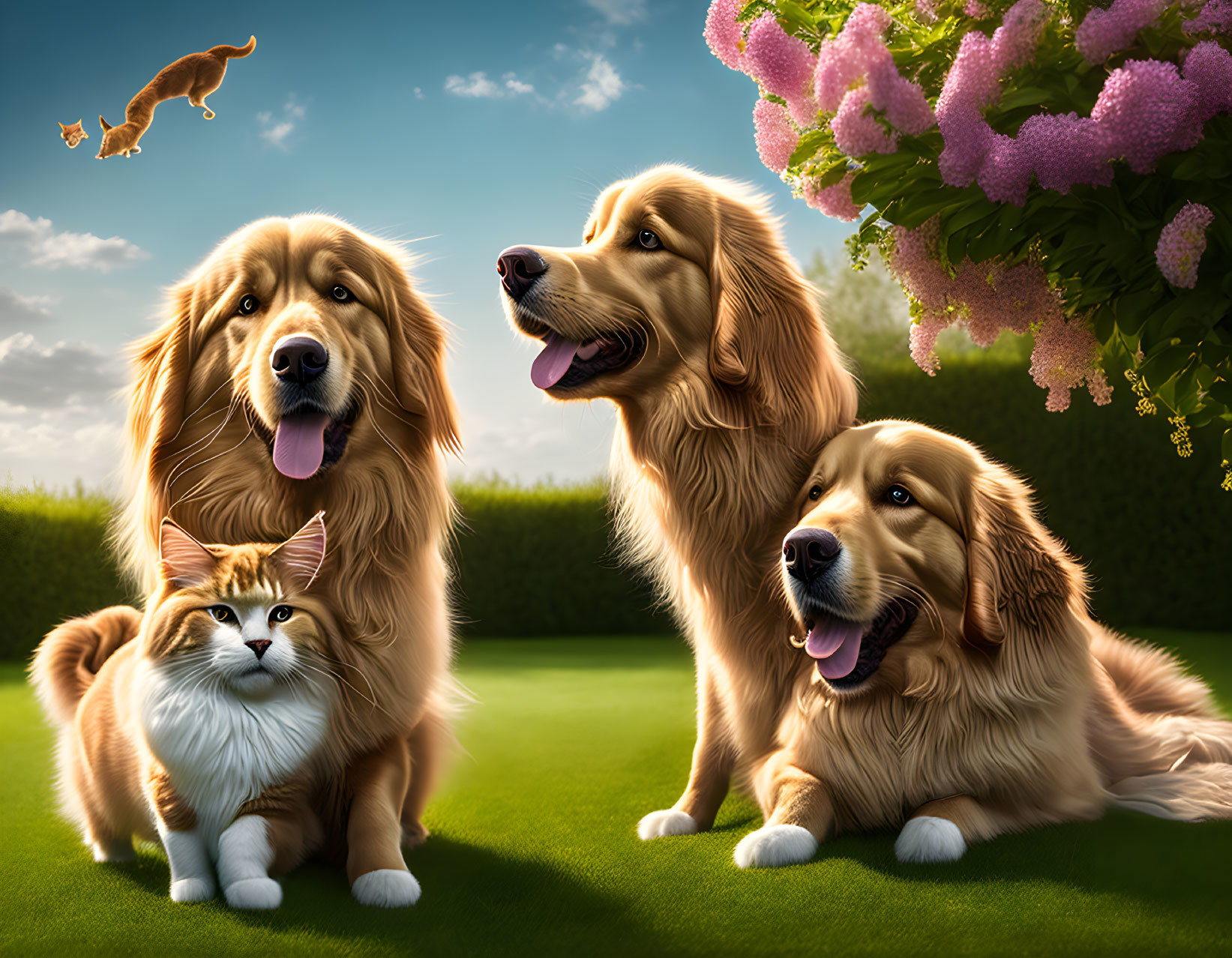 Four animals on grass: 3 golden retrievers, 1 cat, and a squirrel jumping.