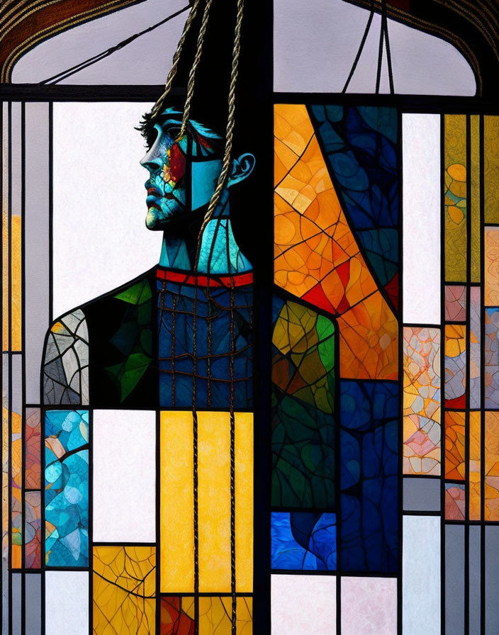 Colorful Geometric Stained Glass Portrait in Blues and Yellows