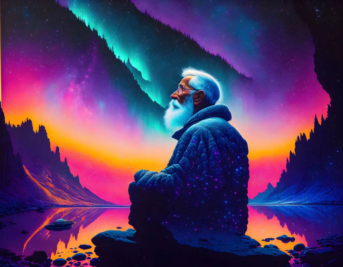 Elderly man with long beard gazes at star-filled sky over serene lake