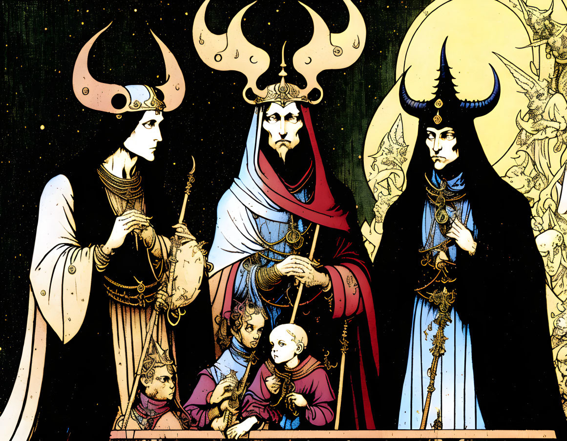 Stylized figures with ornate horns and regal attire holding staffs and a baby against star