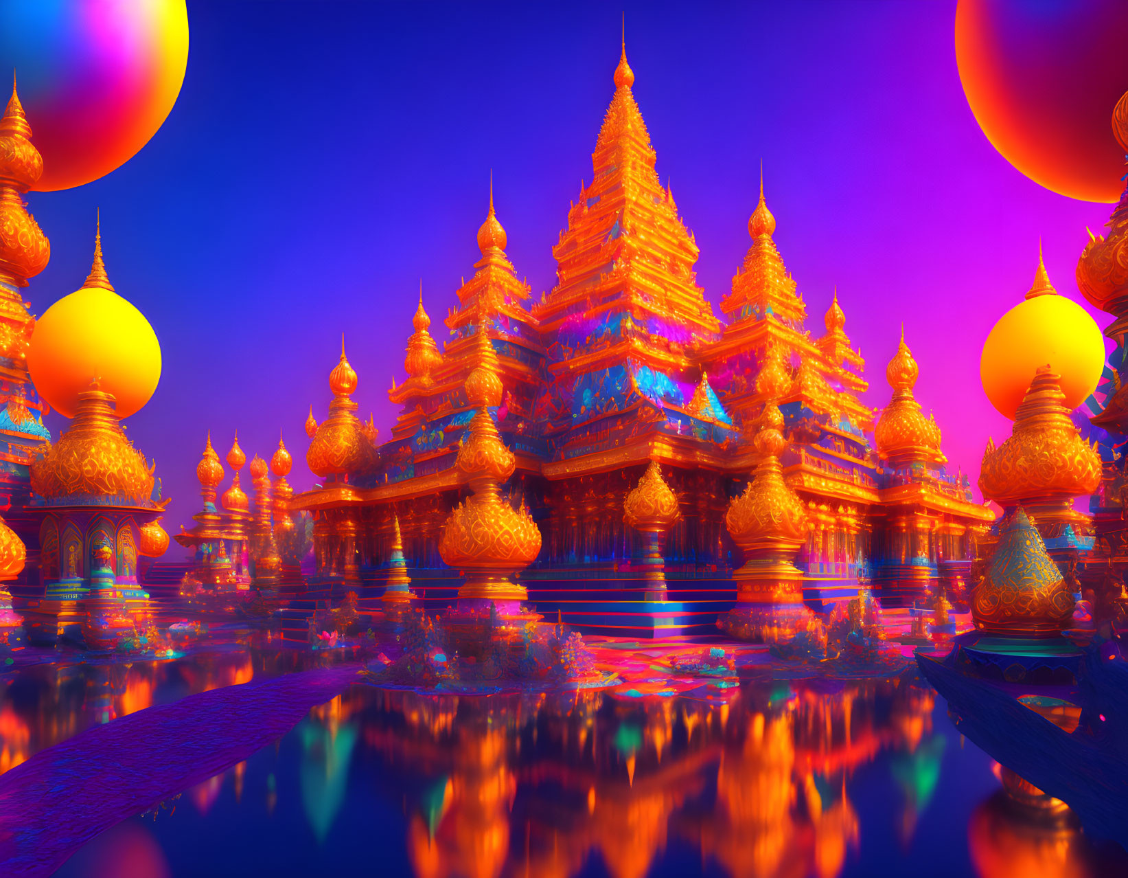 Fantastical digital art: Vibrant temple with golden spires, floating orbs, and water reflections