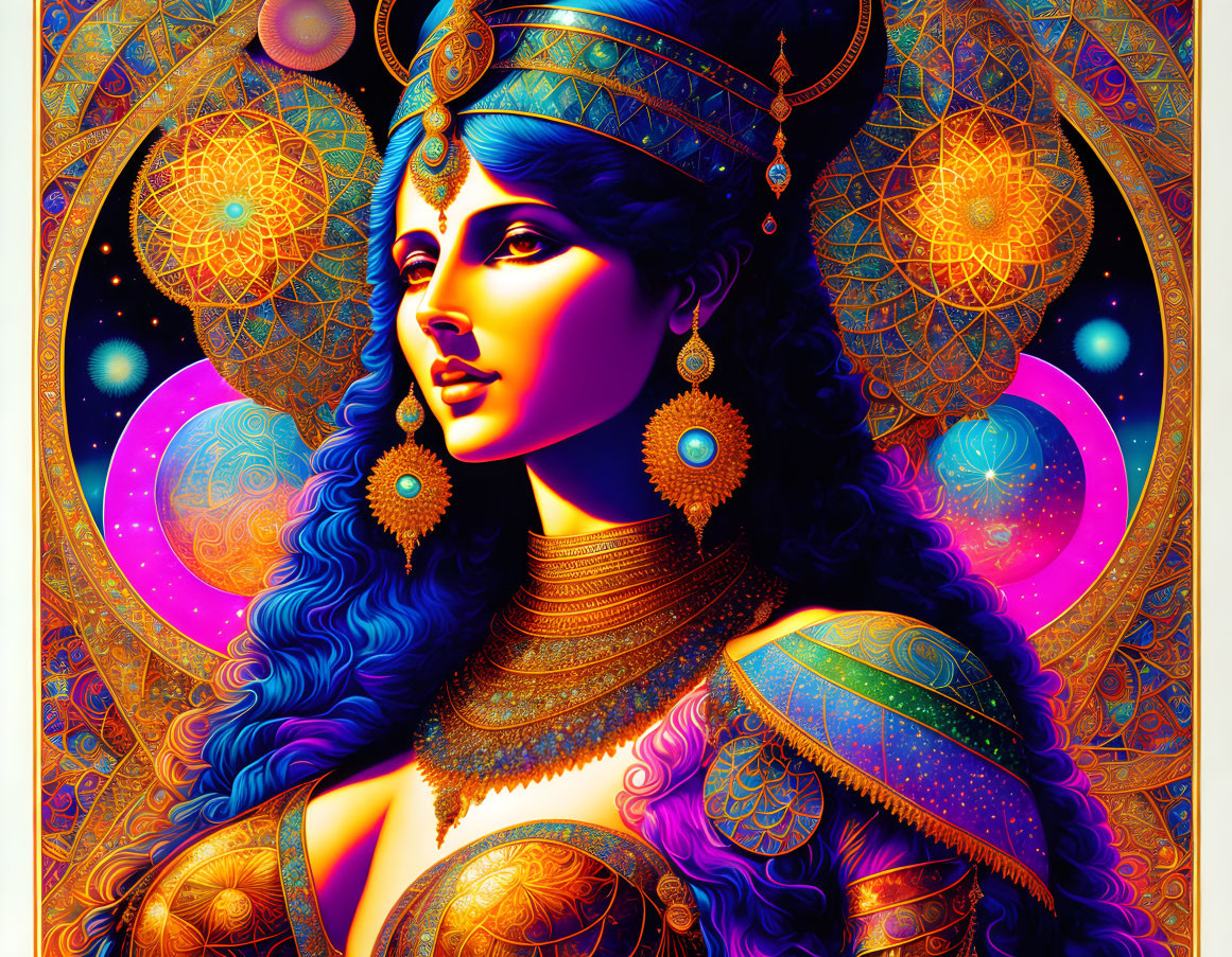 Colorful digital artwork: Woman with blue skin, golden jewelry, cosmic background, mandala patterns