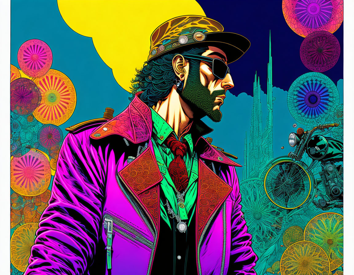 Colorful Illustration of Stylish Man in Sunglasses and Psychedelic Outfit