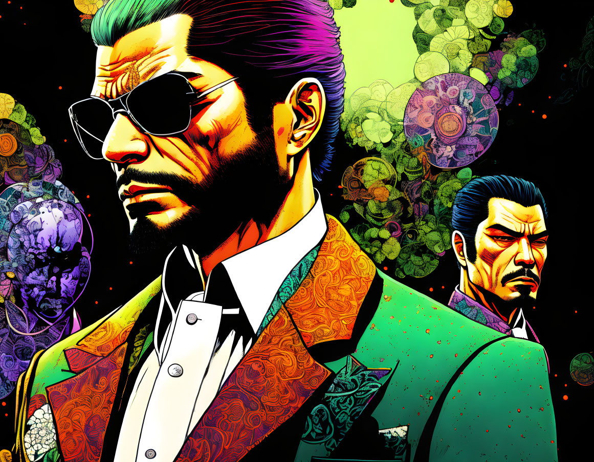 Colorful Illustration: Stylish Men in Suits and Sunglasses on Psychedelic Background