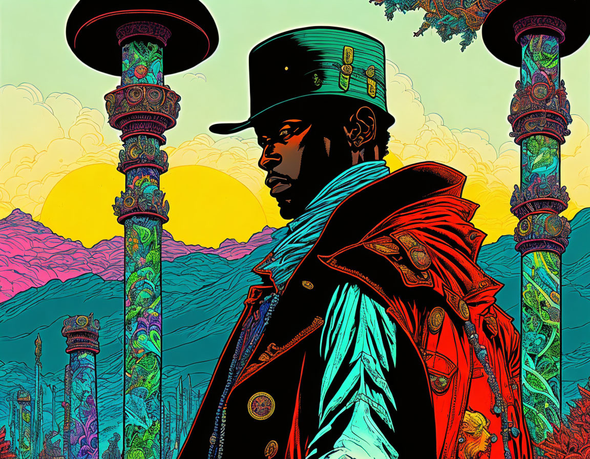 Colorful illustration: stylized man in military attire with ruins and psychedelic sky