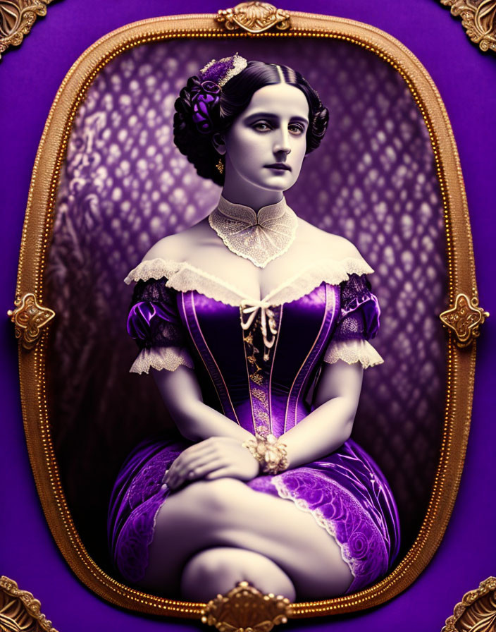 Victorian-era woman in purple dress with lace details seated in gold-framed portrait