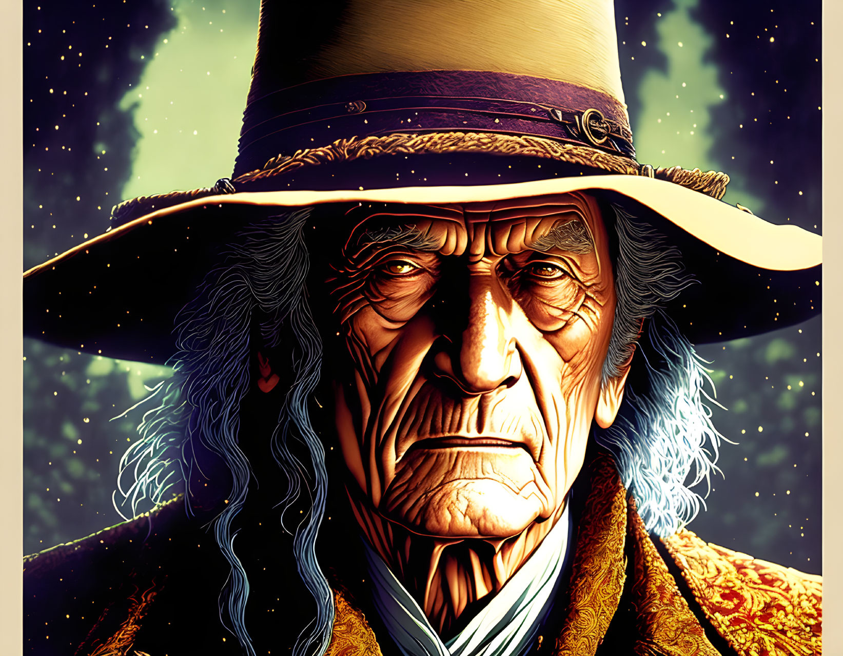 Elderly man portrait in hat and coat against starry sky