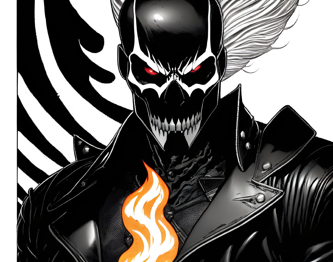 Menacing character with skull face, red eyes, flaming emblem, and spiked leather jacket