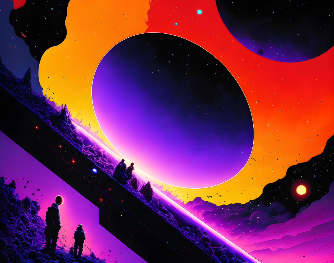 Colorful Digital Art: Silhouetted Figures on Hillside with Celestial Sky