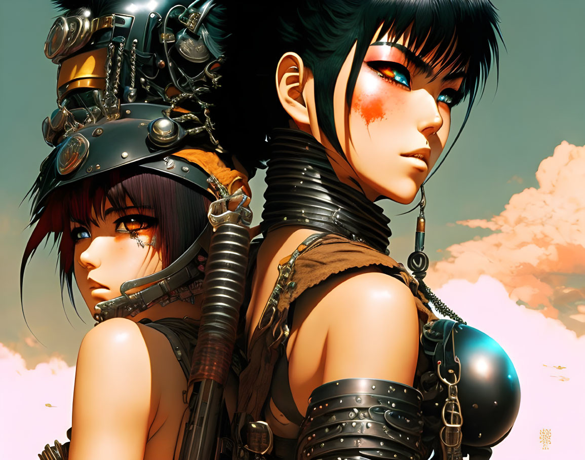 Stylized female characters in futuristic cyberpunk attire against cloudy sky