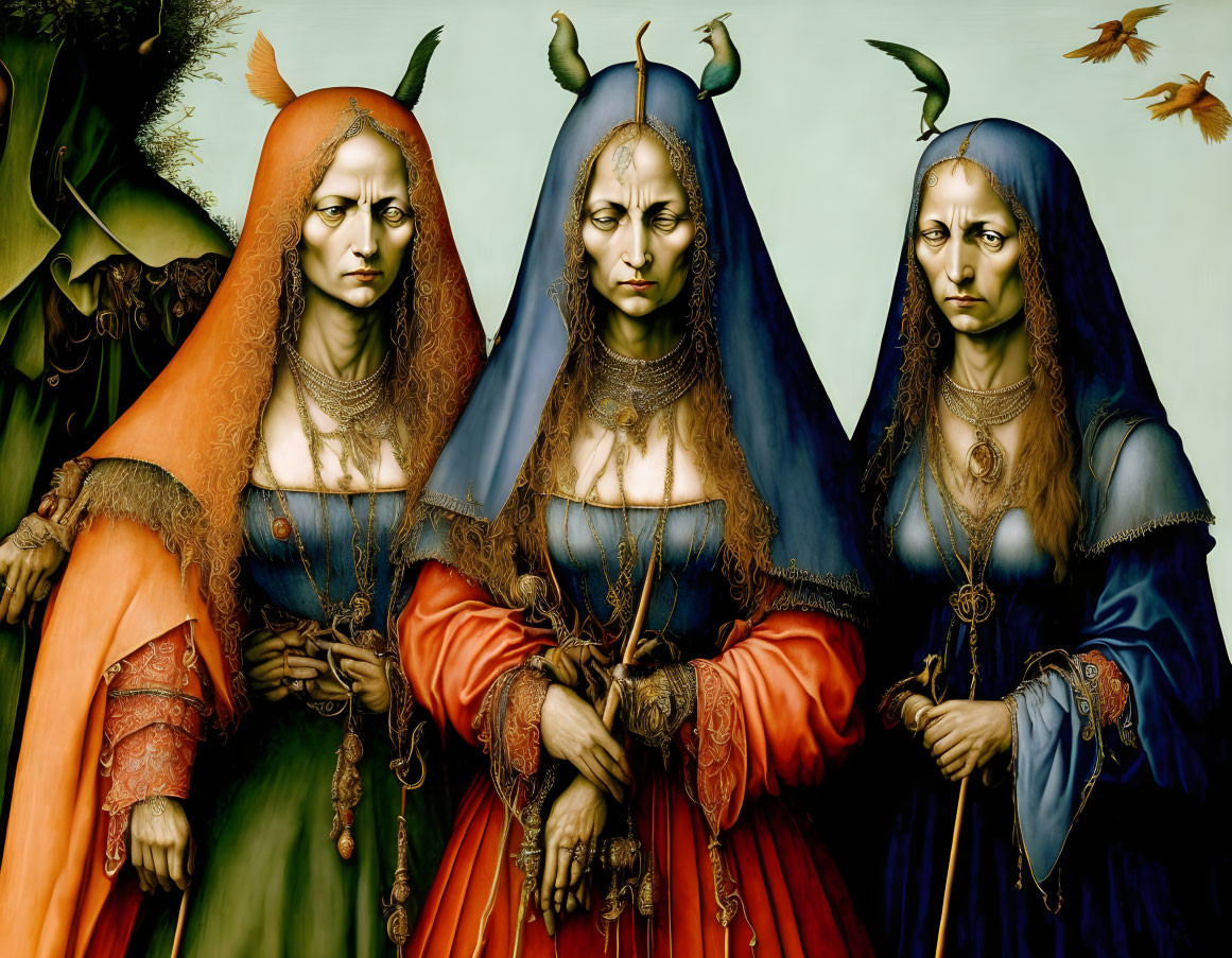 Medieval female figures with colorful capes and horns on pale background