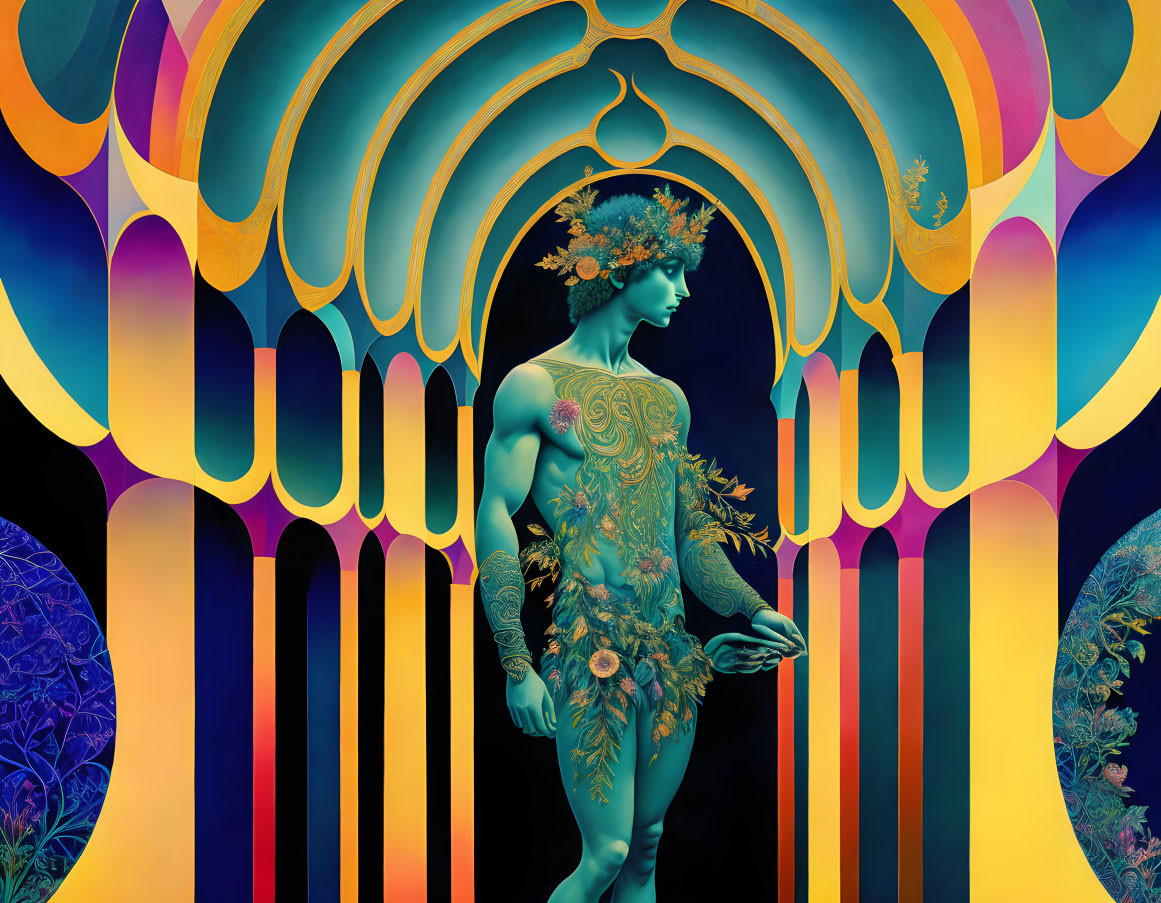 Surreal human figure with floral patterns on vibrant psychedelic backdrop