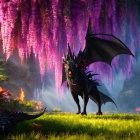 Majestic dragon in vibrant pink landscape