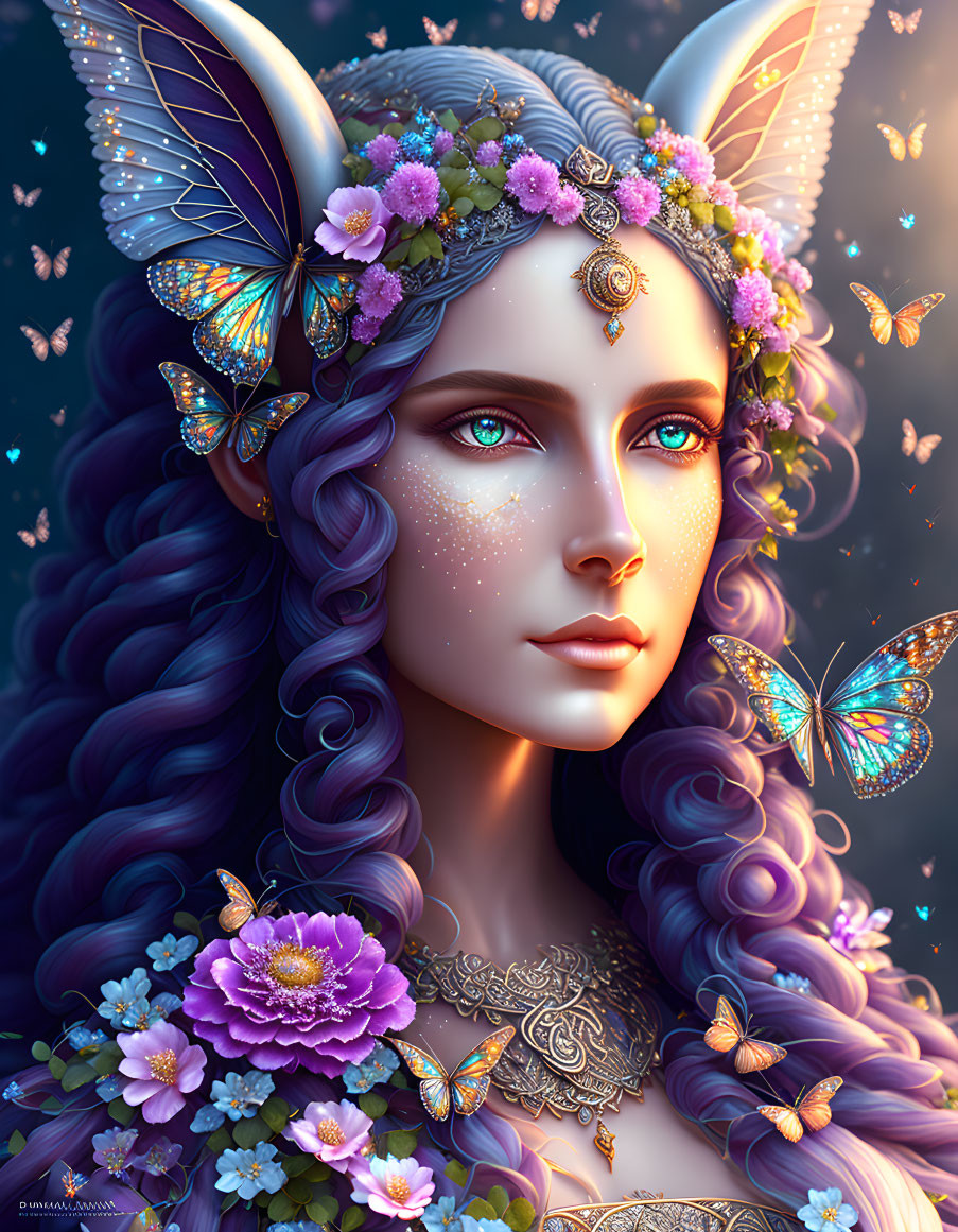 Fantasy portrait of female figure with elf-like ears, adorned with flowers and jewelry, surrounded by butterflies