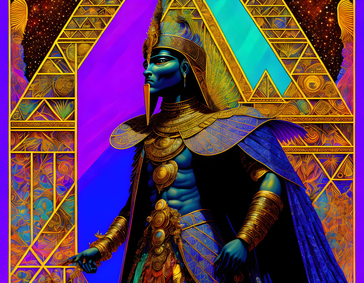 Vibrant Blue Figure in Golden Armor on Colorful Triangular Background