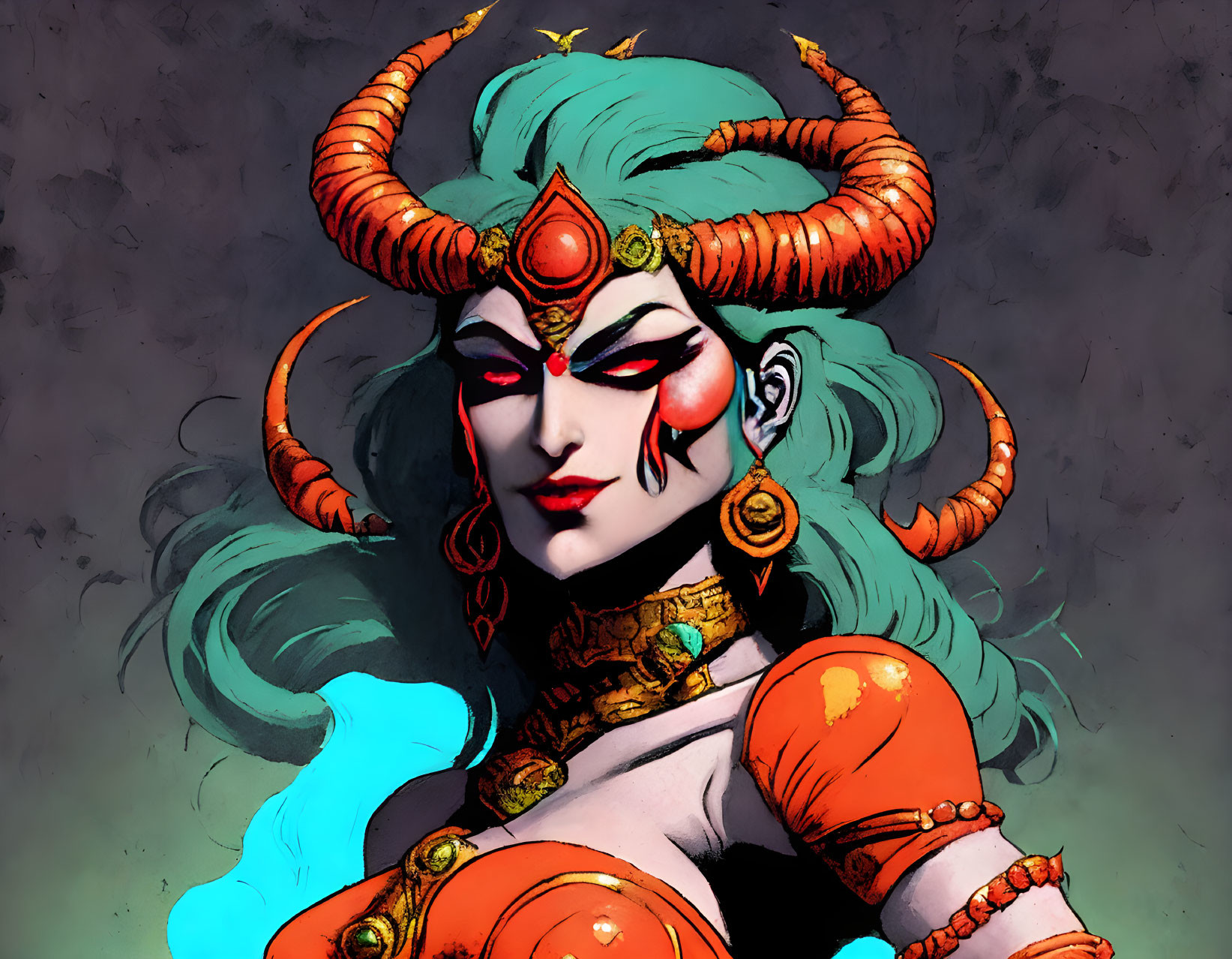 Green-skinned female character with golden horns, red facial markings, red eyes, and teal hair.