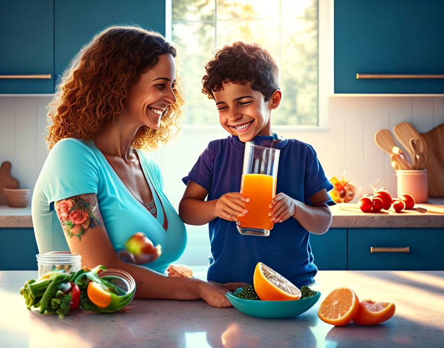 Mother and son in sunlit kitchen with orange juice and fresh ingredients