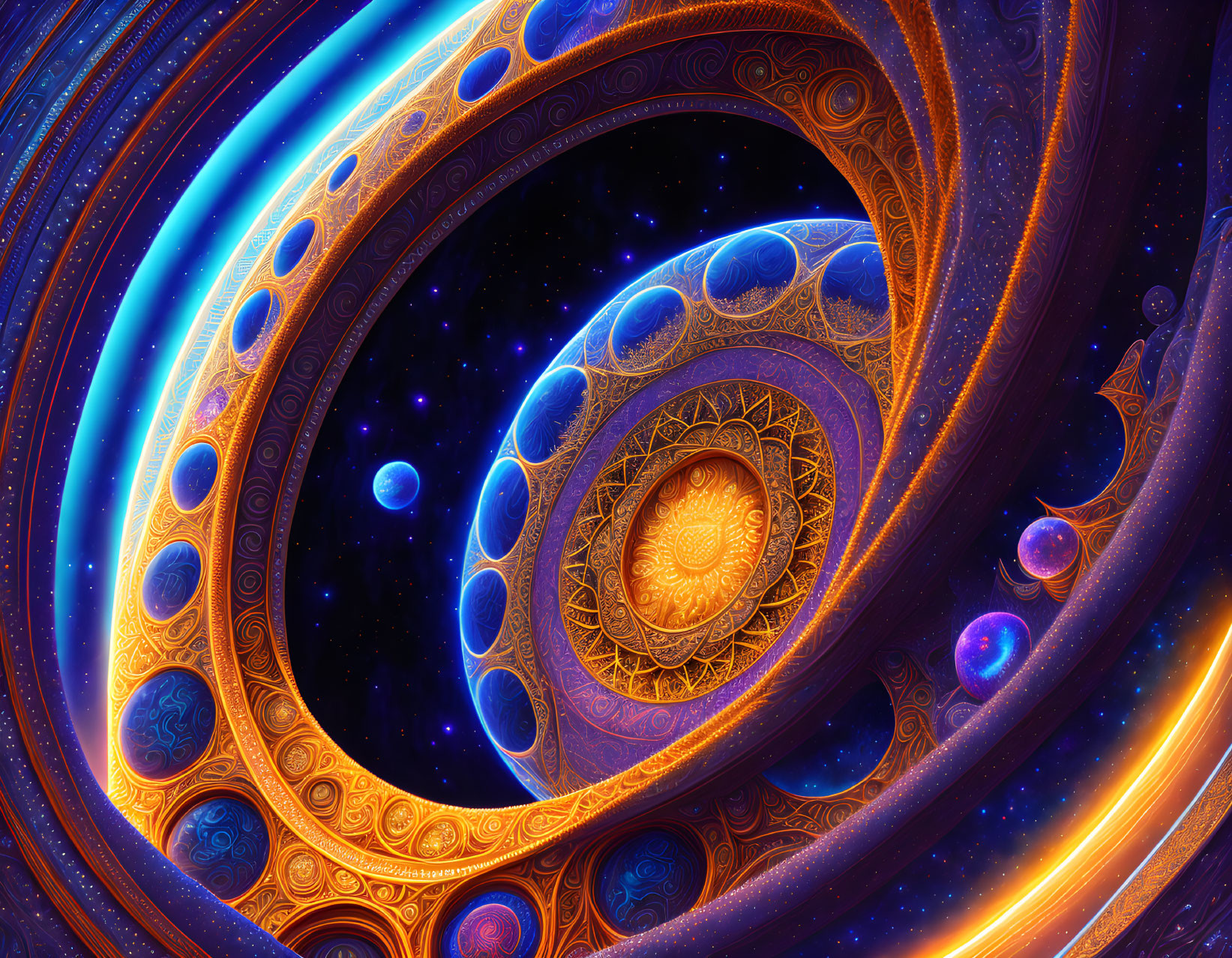 Colorful Digital Fractal Art: Cosmic Scene with Swirling Patterns