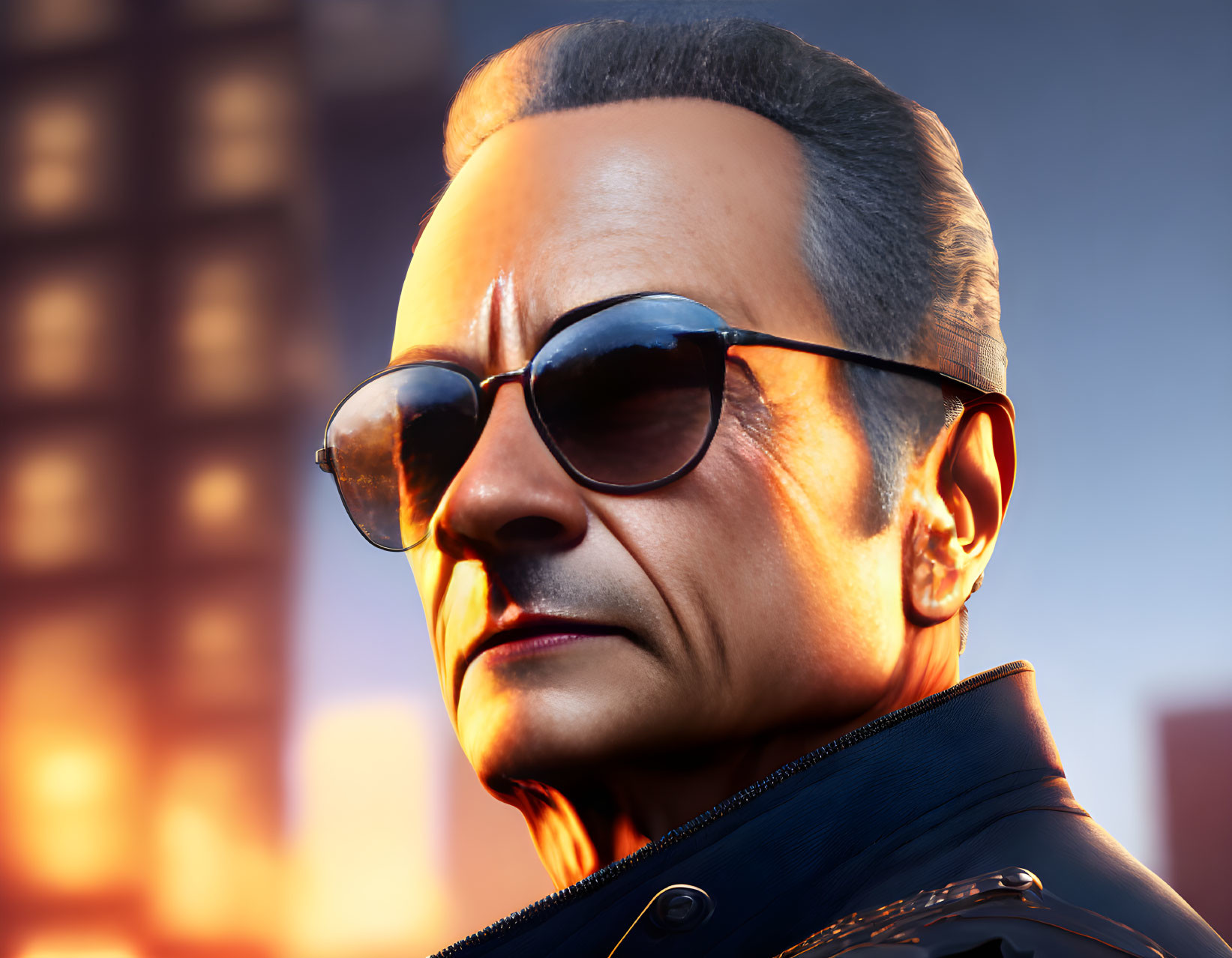 Digital render of man with sunglasses and leather jacket in cityscape at sunset