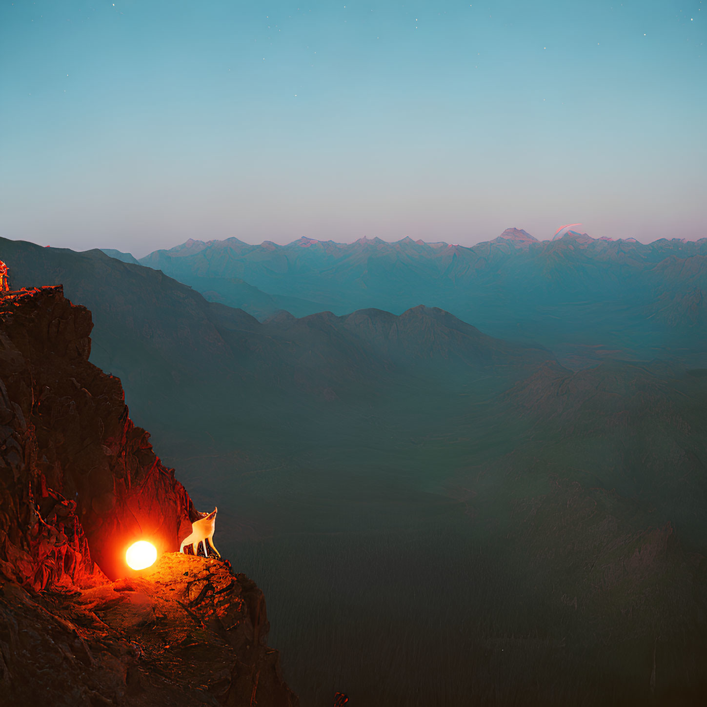 Wolf standing on cliff edge at twilight with glowing orb and vast mountainous landscape.