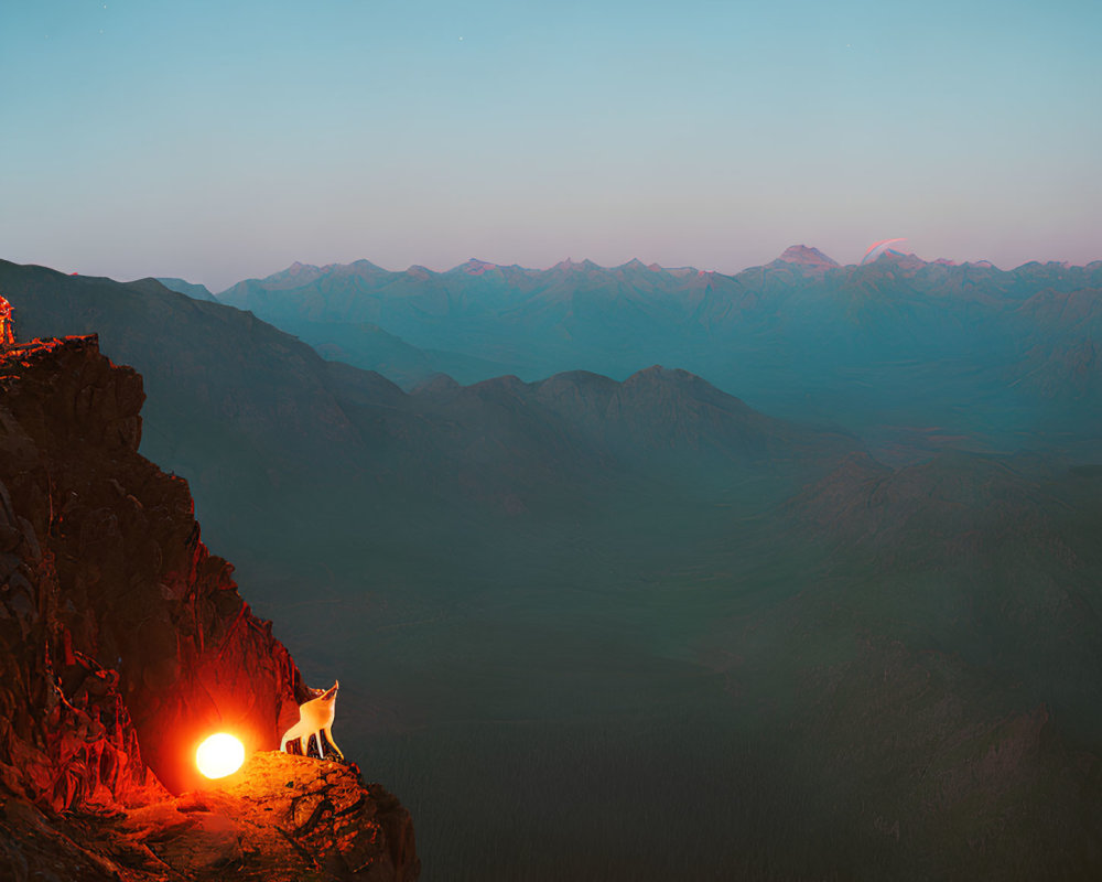 Wolf standing on cliff edge at twilight with glowing orb and vast mountainous landscape.