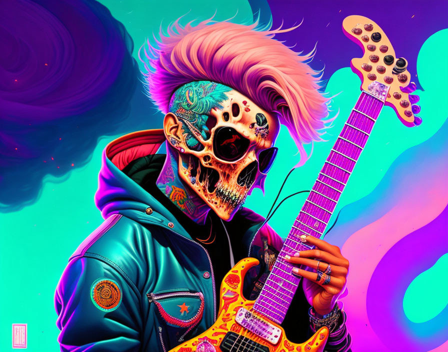 Colorful Punk-Style Skeleton with Mohawk and Guitar on Psychedelic Background