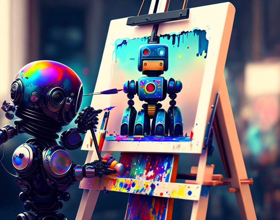 Colorful robots painting vibrant palette on canvas in urban setting