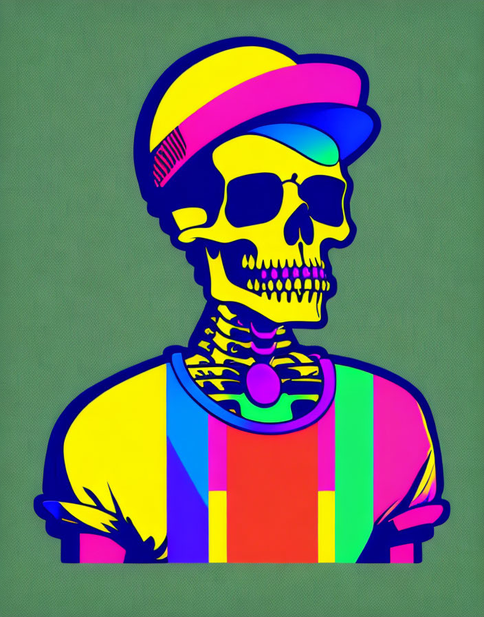 Colorful Pop Art Skeleton Illustration with Striped Hat and Shirt