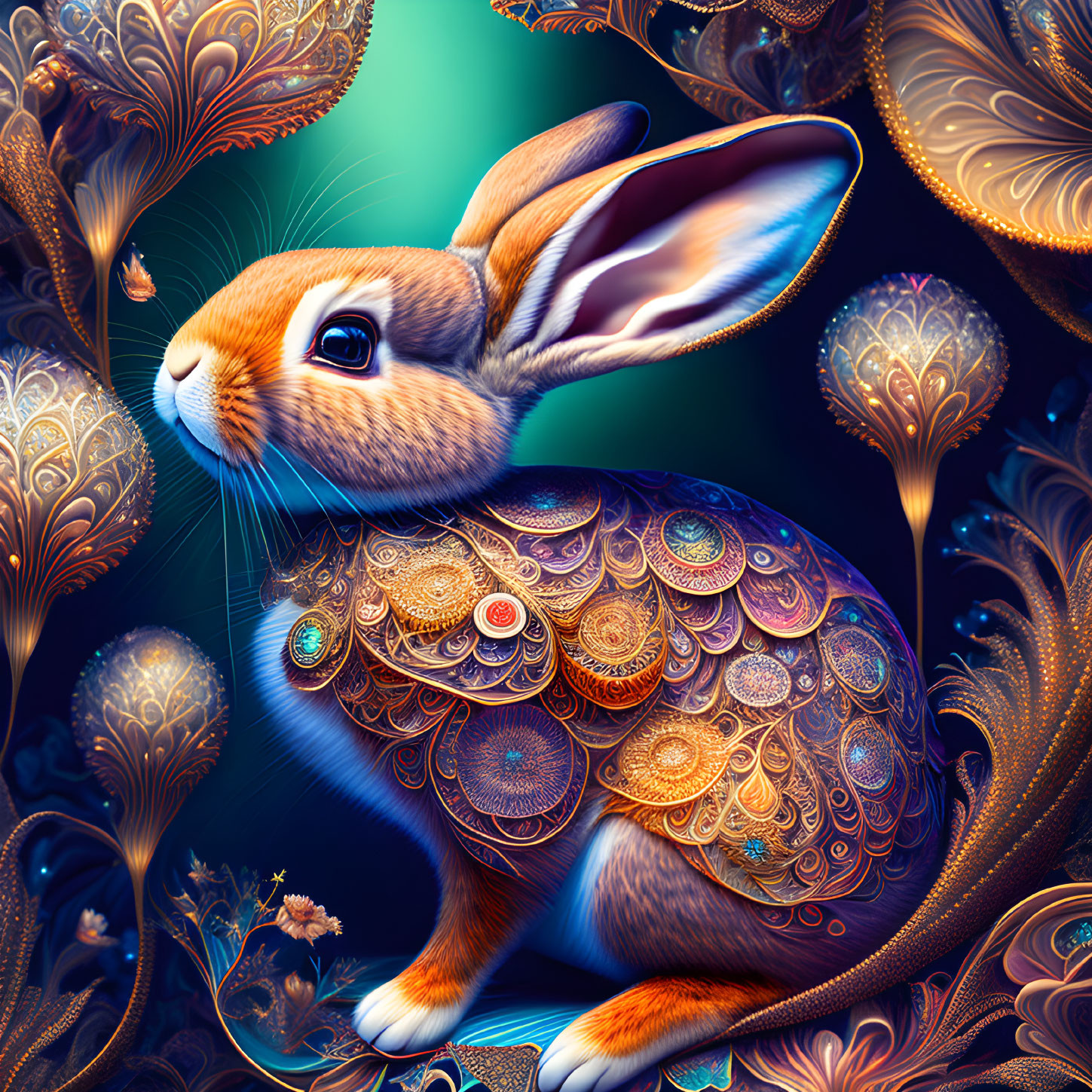 Fantasy rabbit digital art with ornate patterns and colorful foliage.