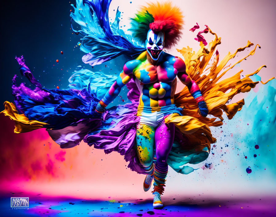 Vibrant body paint person mid-jump with dynamic splashes