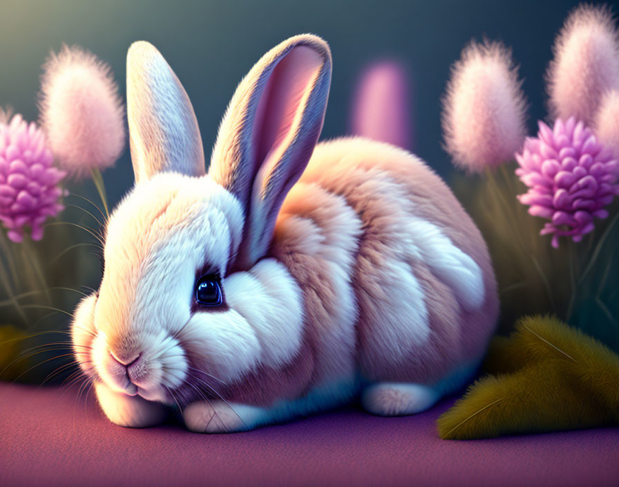 Fluffy white and beige rabbit with blue eyes in pastel pink plants on dark blue background