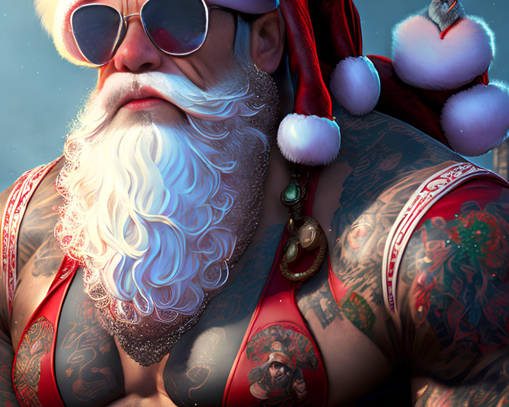 Tattooed Santa with sunglasses and red coat in snowy scene