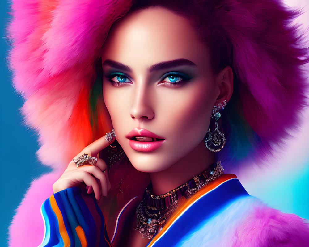 Vibrant makeup woman in colorful fur and attire