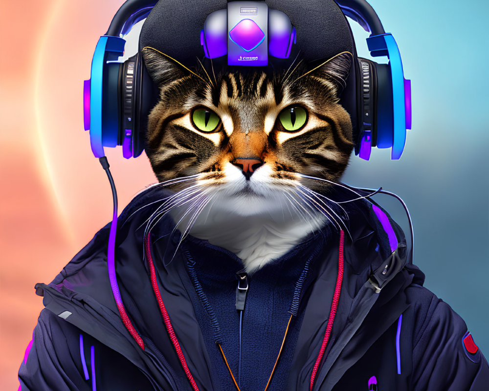 Cat with human body wearing headphones and jacket on colorful background