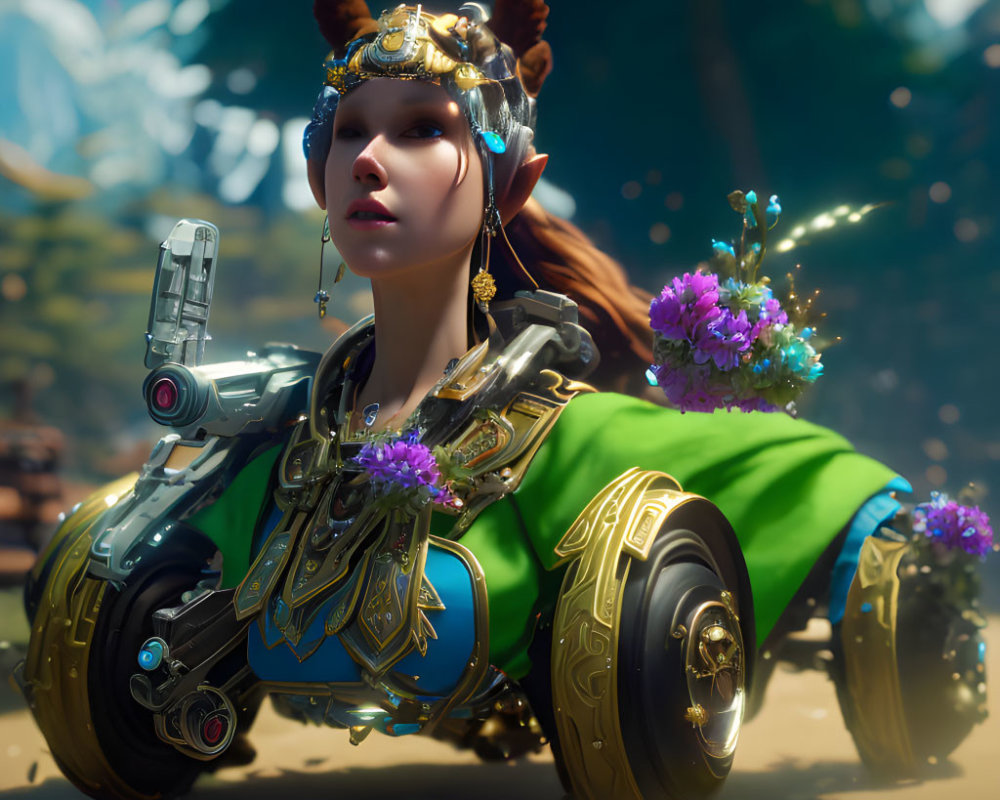 Fantasy character with elfin features in ornate armor and golden crown in sunlit forest