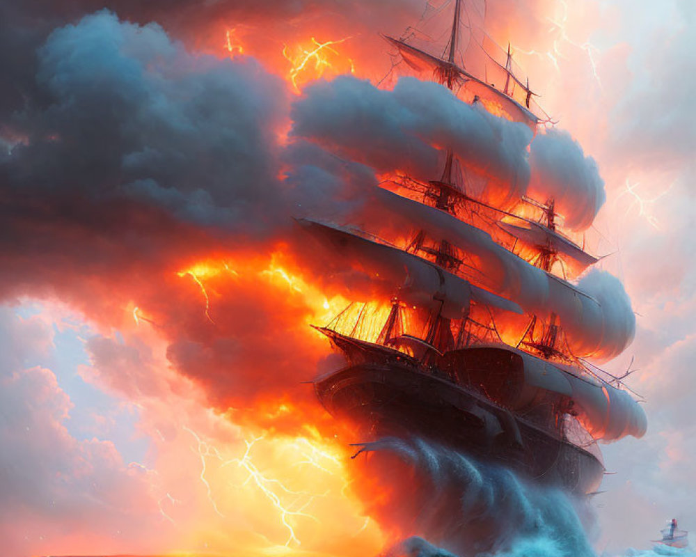 Majestic tall ship in turbulent seas with fiery orange clouds and lightning