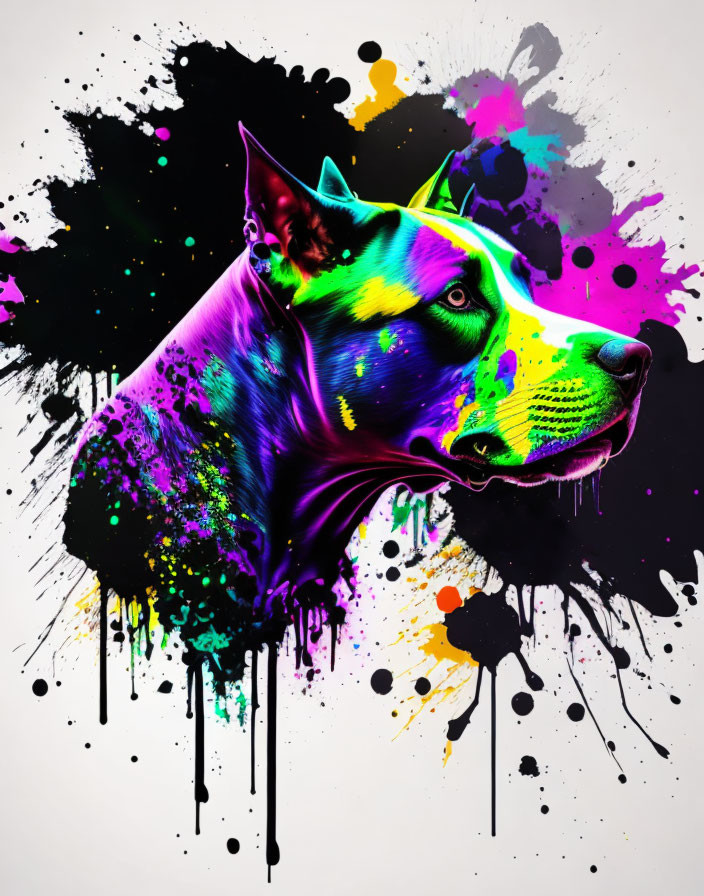 Vibrant Dog Profile Artwork with Colorful Paint Splashes and Ink Drips