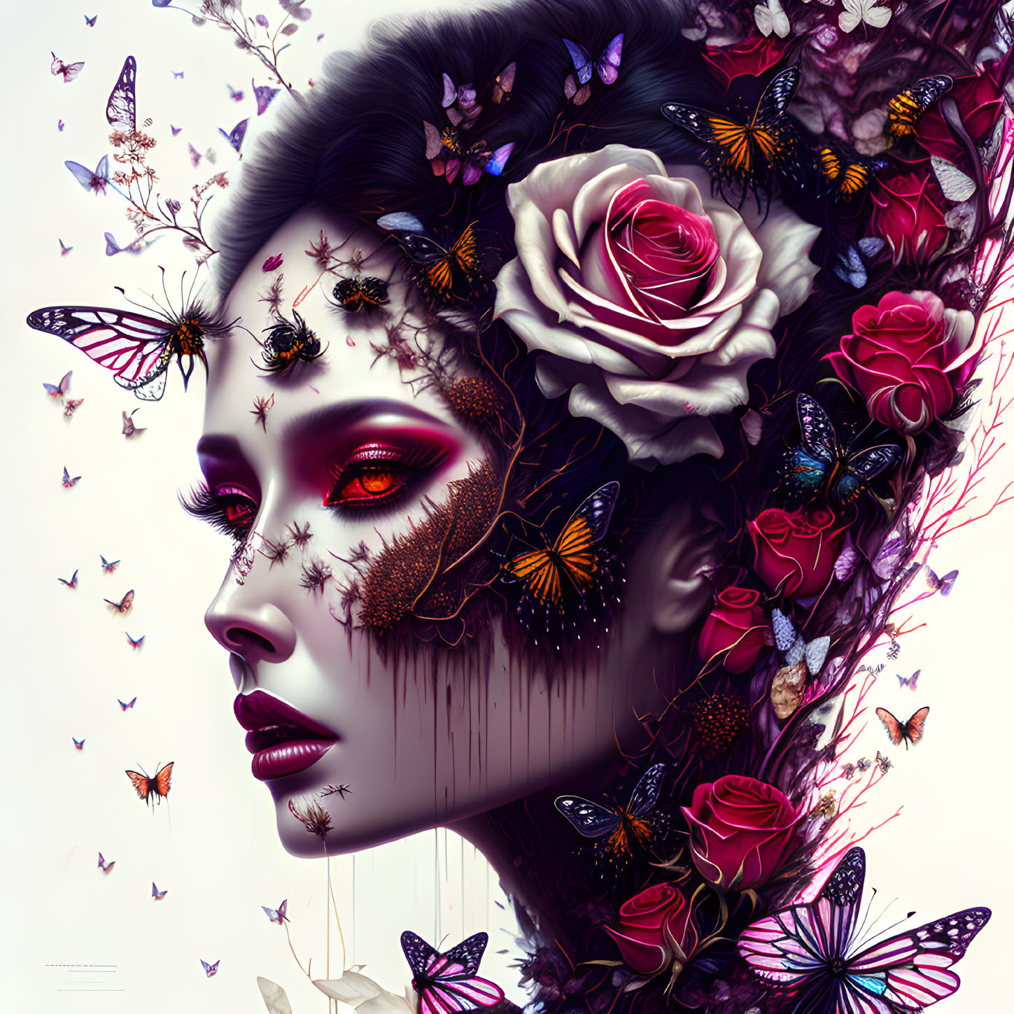 Surreal portrait of woman with red eyes, flowers, butterflies