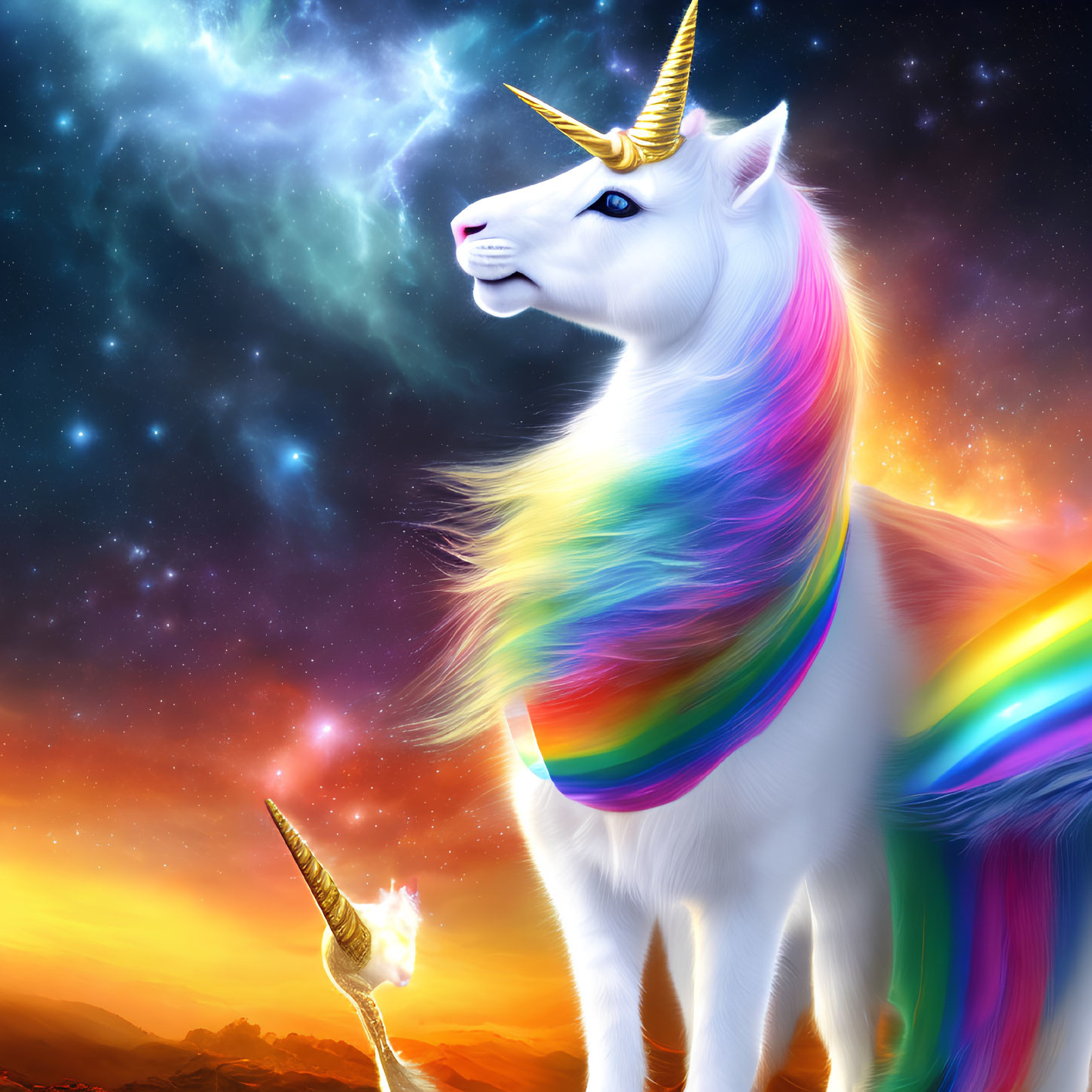 Colorful Unicorn Digital Art with Rainbow Mane in Cosmic Sky