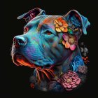 Vibrant digital dog illustration with neon outlines on black background