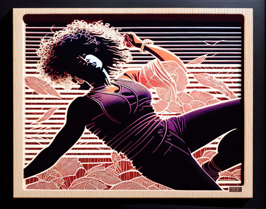 Stylized woman with curly hair against leaf-patterned background in black, red, and white tones