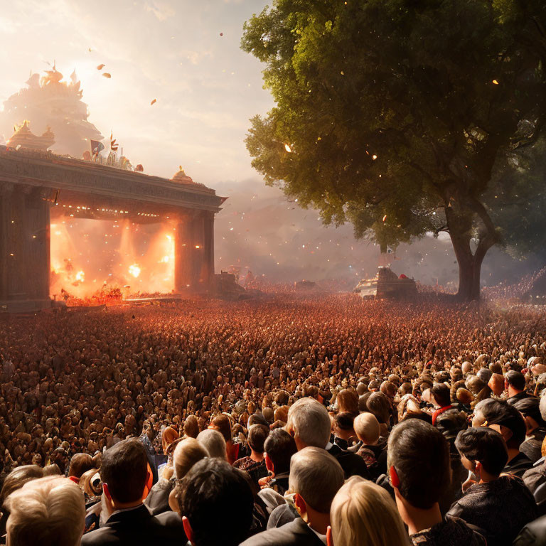 Outdoor concert stage with golden light, classical architecture, and grand tree in a large crowd