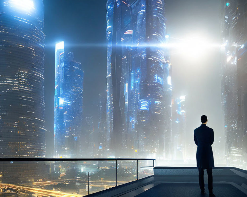 Businessperson on balcony overlooking futuristic cityscape at night